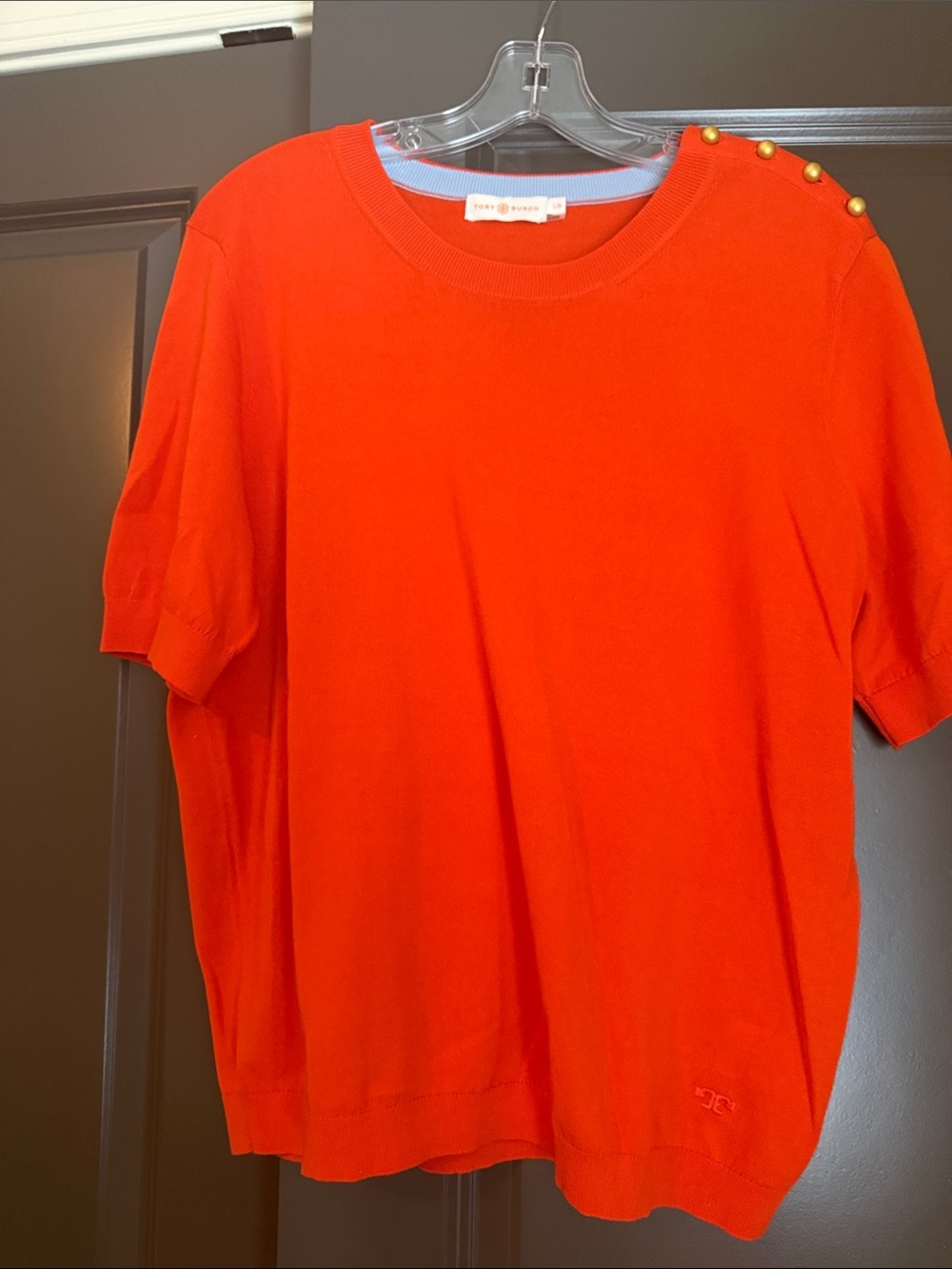 Tory Burch Kids Bright Orange Short-Sleeve Knit Top with Gold Buttons